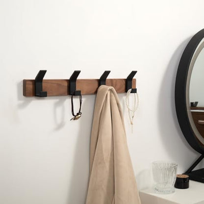 Coat Rack Wall Mount - 15.7 Inches Walnut Wood Coat Hooks Coat Rack Wall Mount with 4 Hooks Black Aluminum Coat Hooks for Hanging Coat Hat Bag Hat Rustproof Coat Hanger - size: 4 Hooks