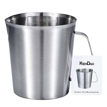32Oz/4Cup Stainless Steel Pitcher (SUS304), 1 Liter Metal Container for Water, Milk, Liquid with Handle with Engraved Markings, Silver - size: 1000ML