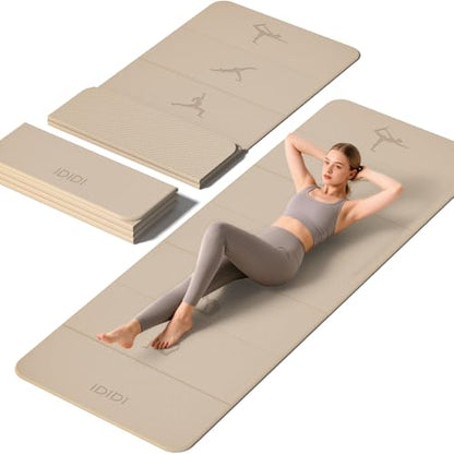 Extra Thick 10mm Foldable Yoga Mat, SGS Certified POE Non-Slip Mat, Multi-Purpose Exercise & Fitness Mats for Studio or Home - color: Beige-74"L x 26"W x 0.4"Th