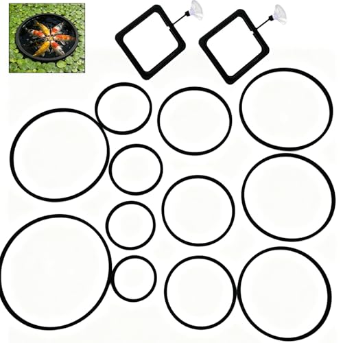 16 Pcs Fish Feeding Ring Combo Set, 4 Pcs Mixed Shape with Suction Cup + 12 Pcs Multi-Size Floating Ring, EVA Floating Plant Corral, Black Aquarium Feeding Ring for Fish Tank, Betta Fish Accessories