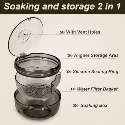 Retainer Cleaner Case,Double Layer Denture Cup for Soaking - color: Black