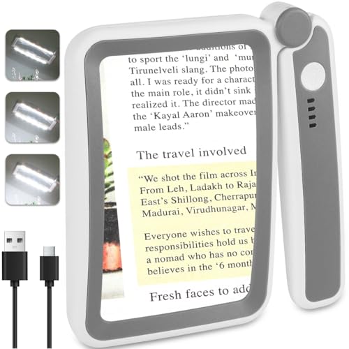 Rechargeable Magnifying Glass with Light for Reading, 5X Large Page Magnifier with LED Lighted for Seniors Low Vision, Folding Handheld Lightweight Rectangle Magnifier for Reading Book Small Print - color: Grey White