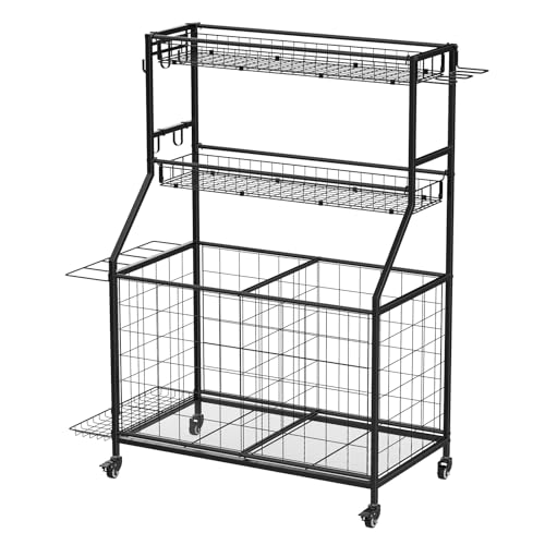Heavy Duty 3-Tier Sports Equipment Organizer, Large Capacity Garage Storage Rack with 5 Removable Mesh Baskets, Lockable Casters, Bat Holder & Hooks for Balls, Rackets, Gear in Home, Gym, Sc