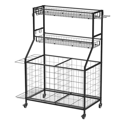 Heavy Duty 3-Tier Sports Equipment Organizer, Large Capacity Garage Storage Rack with 5 Removable Mesh Baskets, Lockable Casters, Bat Holder & Hooks for Balls, Rackets, Gear in Home, Gym, Sc
