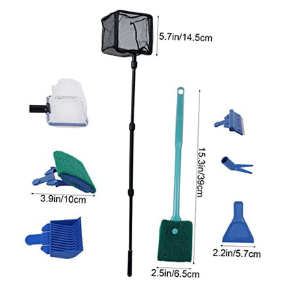 Fish Tank Kit Aquarium Glass Tank Tools with Gravel Rake Scraper Plant Fork Sponge Brush and Net Aquatic Maintenance Green