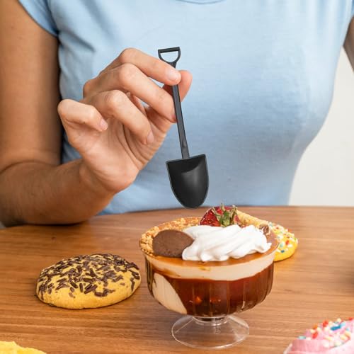 100PCS Mini Shovel Spoons for Desserts, Individual Packing Mini Shovel Spoons, Black Plastic Shovel Shaped Spoon for Party or Family