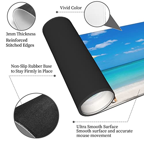 Beach Ocean Mouse Pad Stitched Edge XL Large Mousepad Rubber Base Non Slip Desk Mat for Gaming Laptop Pc Computer 31.5" X 12"