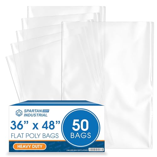 36" X 48" Open-End Flat Poly Bags (50 Count) - 2 Mil Clear Plastic Bags for Packaging, Shipping, Storage - No Adhesive Strip - Spartan Industrial - size: 36” X 48”