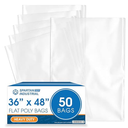 36" X 48" Open-End Flat Poly Bags (50 Count) - 2 Mil Clear Plastic Bags for Packaging, Shipping, Storage - No Adhesive Strip - Spartan Industrial - size: 36” X 48”