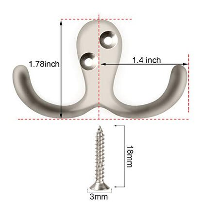 IBosins 8 Pack Silvery Double Prong Coat Hooks Wall Mounted with 16 Screws - color: 8 Pcs Silvery