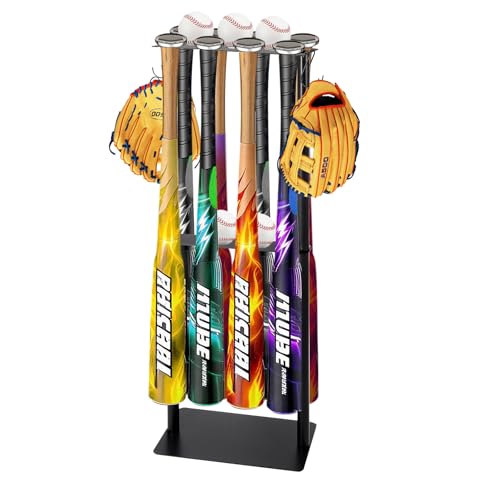 Baseball Bat Holder Stand, Free Standing Bat Rack Holds 8 Bats & 5 Balls | Sturdy metal rack, free standing design, holds 8 bats and 5 balls, 4 glove hooks, no drill storage for home and dugout