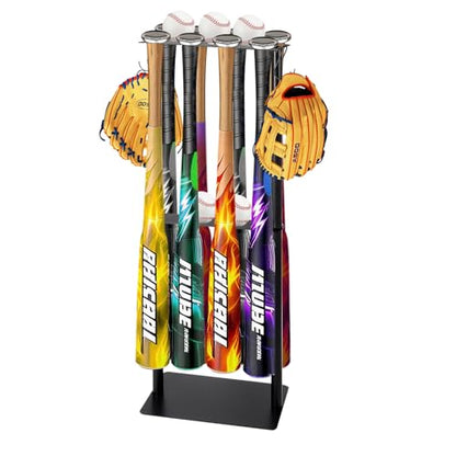 Baseball Bat Holder Stand, Free Standing Bat Rack Holds 8 Bats & 5 Balls | Sturdy metal rack, free standing design, holds 8 bats and 5 balls, 4 glove hooks, no drill storage for home and dugout