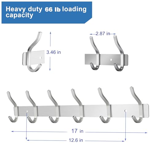 17 Inch Coat Rack Wall Mount with 6 Hooks, Silver Wall Hook Rack - color: Silver, size: 6 Hooks