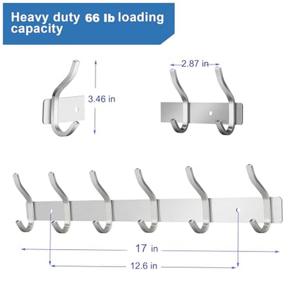 17 Inch Coat Rack Wall Mount with 6 Hooks, Silver Wall Hook Rack - color: Silver, size: 6 Hooks