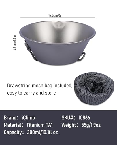 Titanium Bowl with Foldable Handle Ultralight Compact Portable Flatware Tableware with Bag for Outdoor Camping Backpacking Hiking Travel Picnic