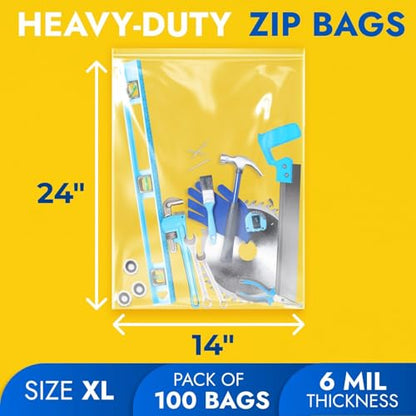 14" x 24" Reclosable Plastic Zip Bags, Pack of 100, 6 Mil Heavy-Duty Clear Poly Bags, Resealable for Food, Clothes, Hardware, Jewelry - size: 14"W x 24"H
