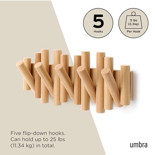 Umbra Picket Coat Rack, Wall Mount 5 Flip-Down Coat Hooks, Natural - color: Natural, size: 5-Hook