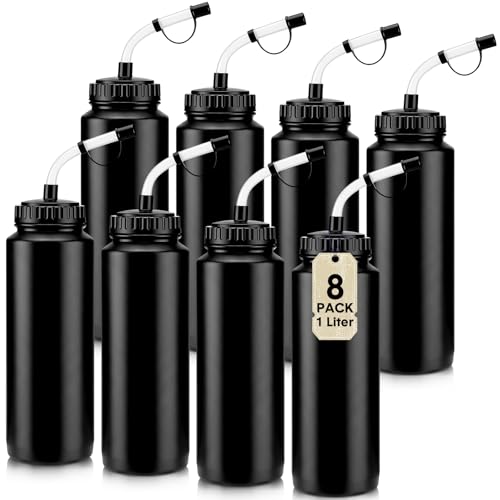 8 Pack Hockey Water Bottles 1 Liter Easy Squeeze Plastic 34 oz Sports Water Bottles with Long Straws for Hockey, Lacrosse, Football, Soccer, Baseball, Gym Sports Helmets (Black) - color: Black