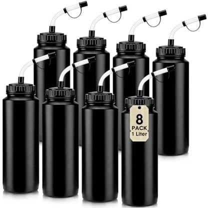 8 Pack Hockey Water Bottles 1 Liter Easy Squeeze Plastic 34 oz Sports Water Bottles with Long Straws for Hockey, Lacrosse, Football, Soccer, Baseball, Gym Sports Helmets (Black) - color: Black
