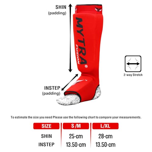 Mytra Fusion Shin Pads Instep Protector Kick Boxing Muay Thai Training Elasticated shin Guards - color: Red, size: Small-Medium
