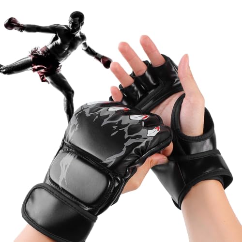 HERCHR MMA Gloves Sparring Hybrid Open Palm Martial Arts Mitts Men Women Leather Wrist Support Sports Boxing Glove Training Muay Thai(Black)