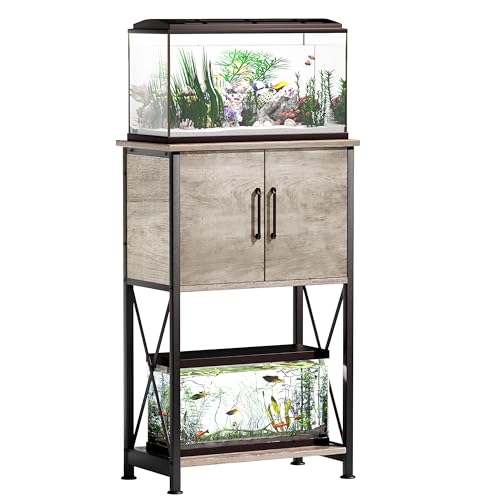 Herture 5-10 Gallon Fish Tank Stand, Metal Double Aquarium Stand with Cabinet for Fish Tank Accessories Storage, Heavy Duty 20.5" L* 11.02" W Tabletop, 500LBS Capacity Grey PG06YGZ - color: Grey, size: 5-10 Gallon