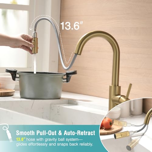Modern Bar Sink Faucet for Kitchen Sink Single Handle with Pull Out Sprayer Hot and Cold Prep Sink Faucet Brushed Gold - color: 4 Brushed Gold