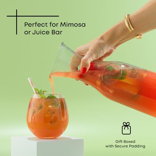 JoyJolt Glass Carafe with Lid, Set of 3 – 1 Liter Glass Pitcher for Mimosa Bar, Water, Iced Tea, Juice, Wine, Lemonade, Milk – Dishwasher Safe Beverage Drink Dispensers for Brunch, Parties