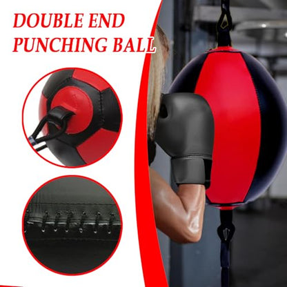 Double End Bag PU Leather Boxing Punching Bag | Includes Carabiners, Needle, Air Pump, Boxing Equipment Enhances Reaction, and Hand Eye Coordination Training - color: Red