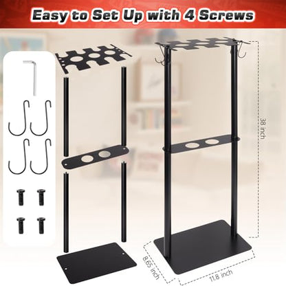 Baseball Bat Holder Stand, Free Standing Bat Rack Holds 8 Bats & 5 Balls | Sturdy metal rack, free standing design, holds 8 bats and 5 balls, 4 glove hooks, no drill storage for home and dugout