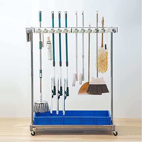 Utility Rack with Wheels for Cleaning Tools Storage and Organization,Mop and Broom Holder with Drain Rack,Double Row-67 - color: Double Row, size: 67