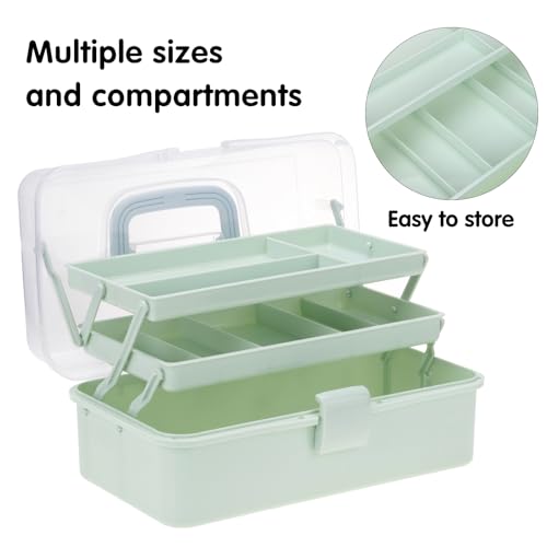 Tackle Box, Craft Organizers and Storage 3-Layer Portable Folding Toolbox, Plastic Tool Box with Handle for Sewing Supplies, Medicine, Art Supplies, Nails and Hair Accessories (Haze Green, 12.5inch)