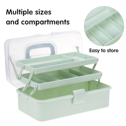 Tackle Box, Craft Organizers and Storage 3-Layer Portable Folding Toolbox, Plastic Tool Box with Handle for Sewing Supplies, Medicine, Art Supplies, Nails and Hair Accessories (Haze Green, 12.5inch)