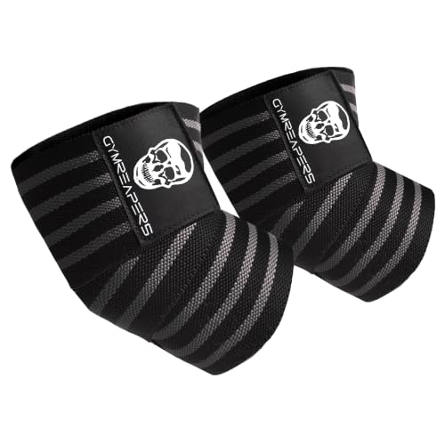 Gymreapers Weightlifting Elbow Wraps (1 Pair) - Flexible 40'' Elbow Compression Strap & Joint Support Brace - for Bench Press, Powerlifting, and Pressing - color: Gray