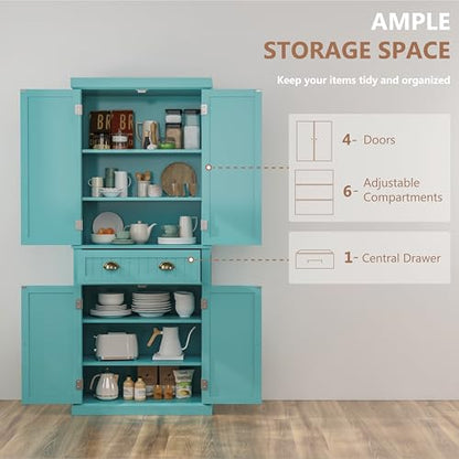 72" Kitchen Pantry,Tall Storage Cabinets with Doors and Shelves,Freestanding Pantry Cabinet for Bathroom,Dining Room and Living Room (Turquoise Blue) - color: Turquoise Blue