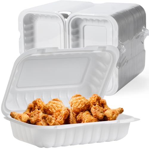 9x6 27 oz 50 Pack To Go Containers - Shrink Wrap Ready to Use | Mineral Filled PP BPA Free Clamshell | Freezer Microwave Safe | White Reusable Food Boxes for Commercial, Sandwiches & Salad - size: 9x6 inch 27 oz