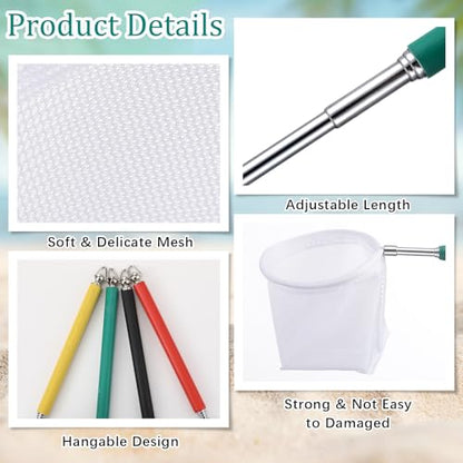 6 Pcs Aquarium Fish Net with Extendable Stainless Steel Handle, Adjustable Fish Tank Shrimp Net, Circle and Square Brine Shrimp Net for Aquarium, Pond, 5 Colors