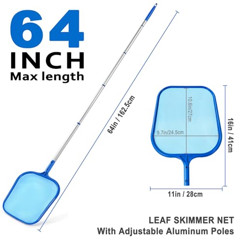 Swimming Pool Skimmer Net, Pool Net with 5 Pole Sections, 11" x 64" Pool Skimmer Net with Ultra Fine Mesh Net, Telescopic Aluminum Pole, Leaf Rake Net for Fast Cleaning Ponds (5 Pole Sections)