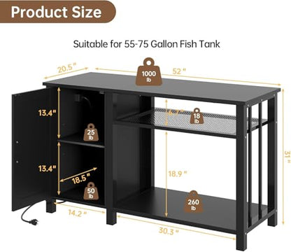 55-75 Gallon Aquarium Stand Farmhouse Fish Tank Stand with Power Outlet Heavy Duty Tank Stand with Adjustable Shelf for Fish Tank, Turtle Tank, Reptile Terrarium, 1000LBS Capacity, Black
