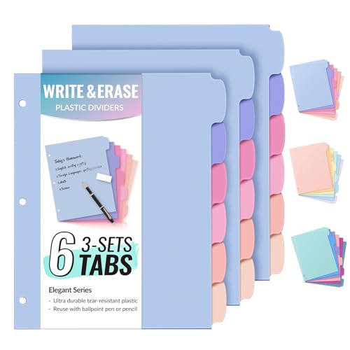 Sooez 6-Tab Durable Plastic Write & Erase Big Tab Dividers for 3 Ring Binder, Aesthetic Cute Binder Dividers for Student, Teacher, Office, Home Organizers, 3 Sets, Elegant - color: Elegant, size: 3set