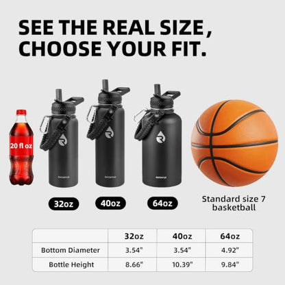 RAYMYLO Insulated Water Bottle 64 oz, Triple Wall Vacuum Stainless Steel - color: Magic Black, size: 64 Ounces