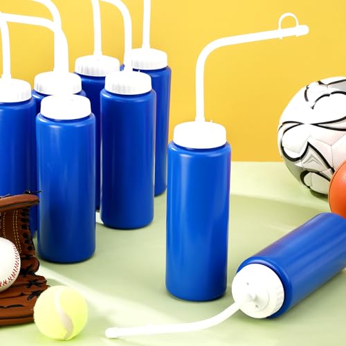 8 Pack Hockey Water Bottles 1 Liter Easy Squeeze Plastic 34 oz Sports Water Bottles with Long Straws for Hockey, Lacrosse, Football, Soccer, Baseball, Gym Sports Helmets(Blue) - color: Blue
