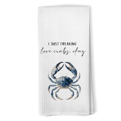 Funny Coastal Beach Crab Kitchen Towels, Crab Gifts for Women Decorative Hand Towel for Bathroom, I Just Freaking Love Crabs Okay Dish Tea Towels for Kitchen Decor, 16x24 Inch