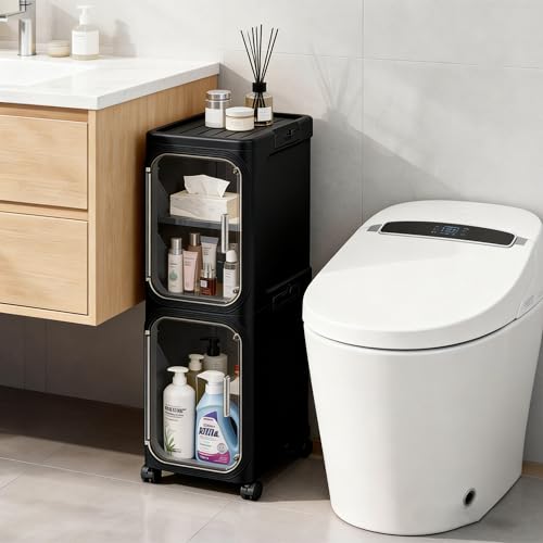 Narrow Storage Cabinet Slim Bathroom Storage Cabinet with Movable Wheels Tall Bathroom Organizer Skinny Cabinet for Small Spaces，2-Tier Black - color: Black, size: 2-tier