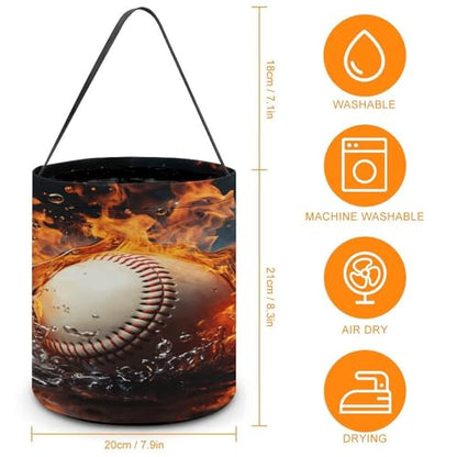 Halloween Trick Or Treat Bags With Handles Collapsible Candy Bucket Reusable Fire Water Baseball Ball Printed Goody Bucket For Holiday Party Gifts - color: Fire Water Baseball Ball