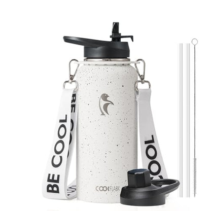 Coolflask 32 oz Water Bottle Insulated Stainless Steel with Strap - color: Arctic White, size: 32 Ounces