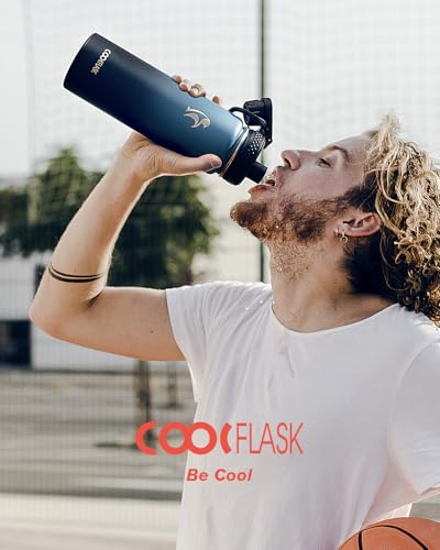 Coolflask 24 oz Insulated Water Bottle with Straw & 3 Leakproof Lids - color: Samurai Cyan, size: 24 Ounces