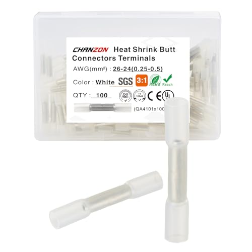 Chanzon 100pcs UL Listed Heat Shrink Butt Connectors Waterproof Marine Grade 3:1 Ratio Solder Seal 26-24AWG Gauge White Wire Crimp Connector Splice Electrical Cable Joint Automotive Boat Car Stereo