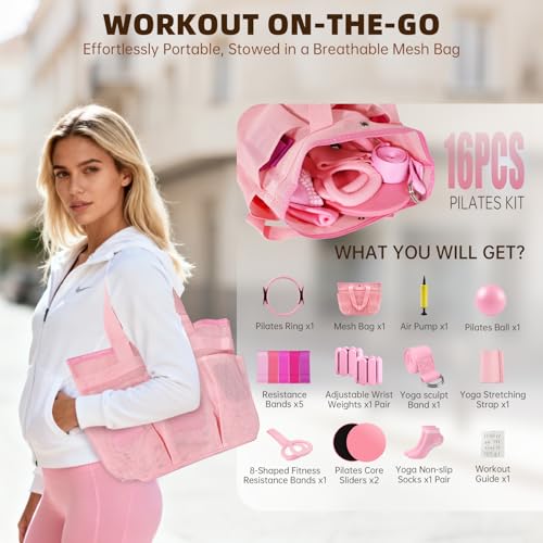 Uyittour 16PCS Pilates Kit, Home Pilates Workout Kit with Ankle Weights, Pilates Ring and Ball Set for Women, Pilates Equipment with Resistance Bands, Core Sliders & Socks for Starter Home Workouts