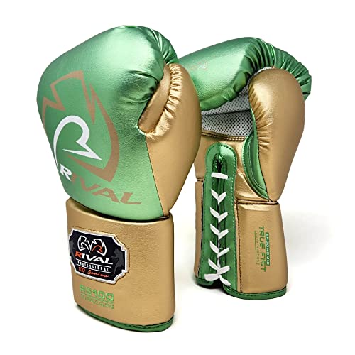 RIVAL Boxing RS100 Professional Lace-Up Sparring Gloves, Handcrafted with Super-Rich Microfiber PU, Ergonomically Designed to Perfectly Fit Your Hand - color: Green/Gold, size: 14 oz.